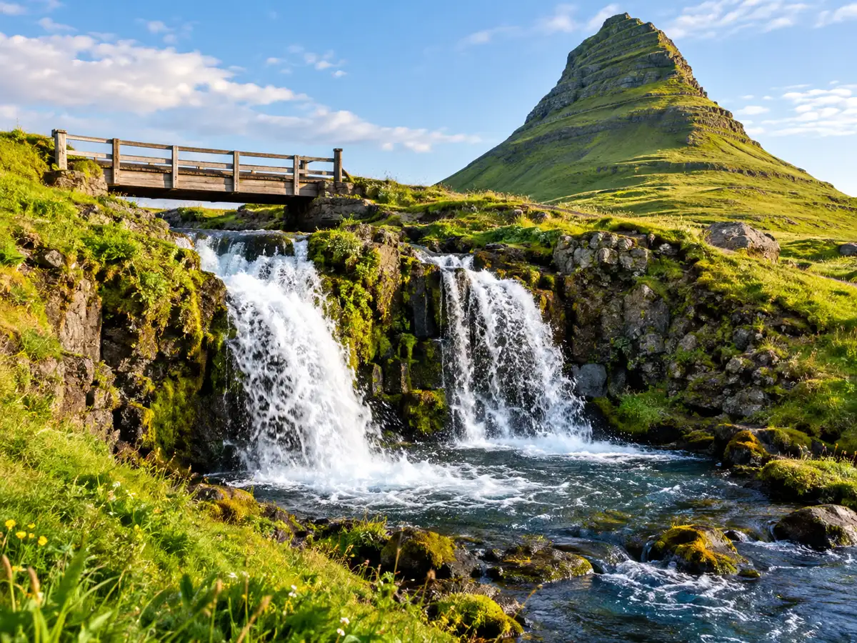Der kleine Wasserfall Kirkjufellsfoss mit Holzsteg und dem Kirkjufell dahinter