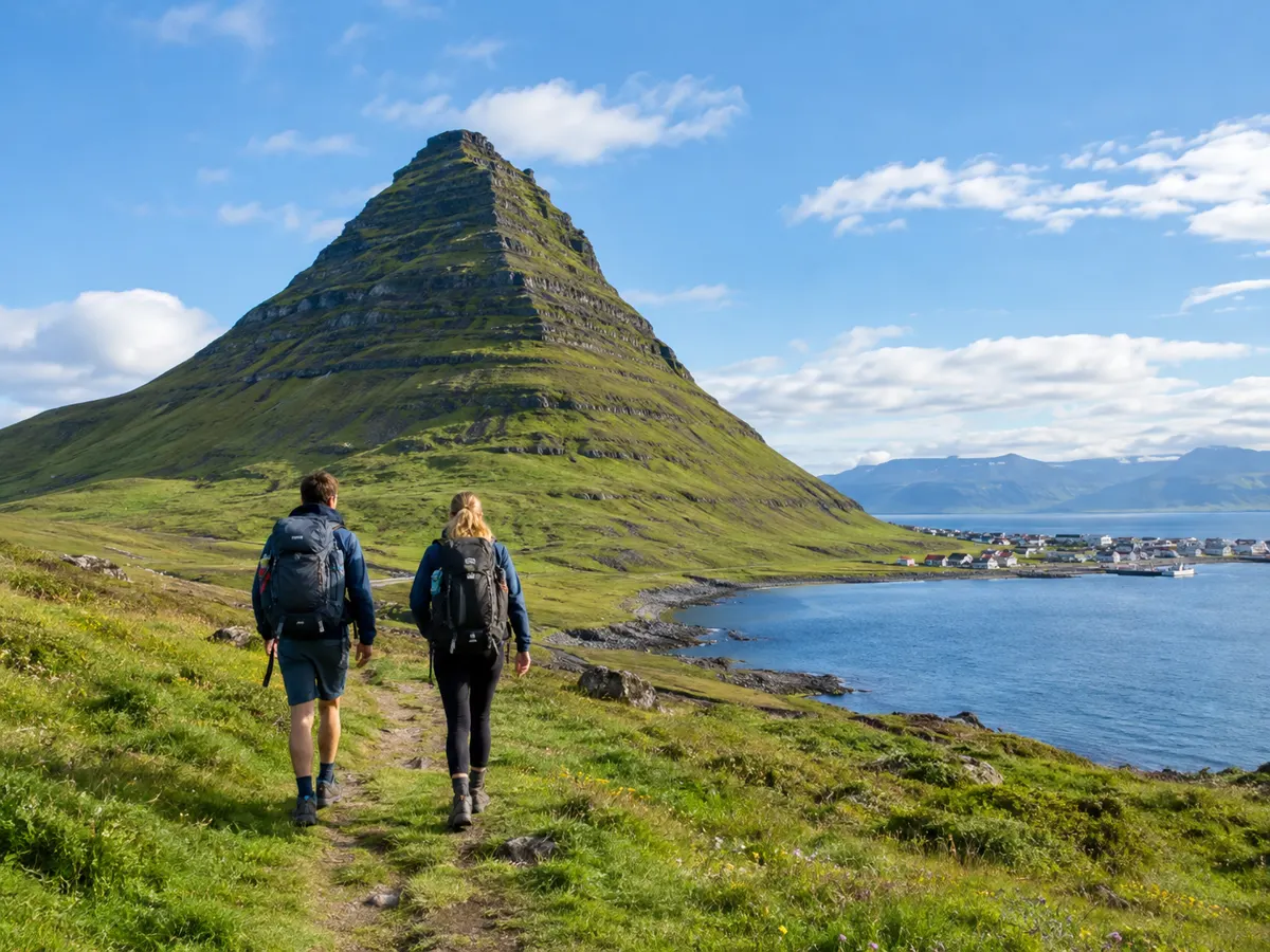Zwei Wanderer auf einem grasbewachsenen Küstenweg unterhalb des Kirkjufell, mit Grundarfjörður jenseits der Bucht